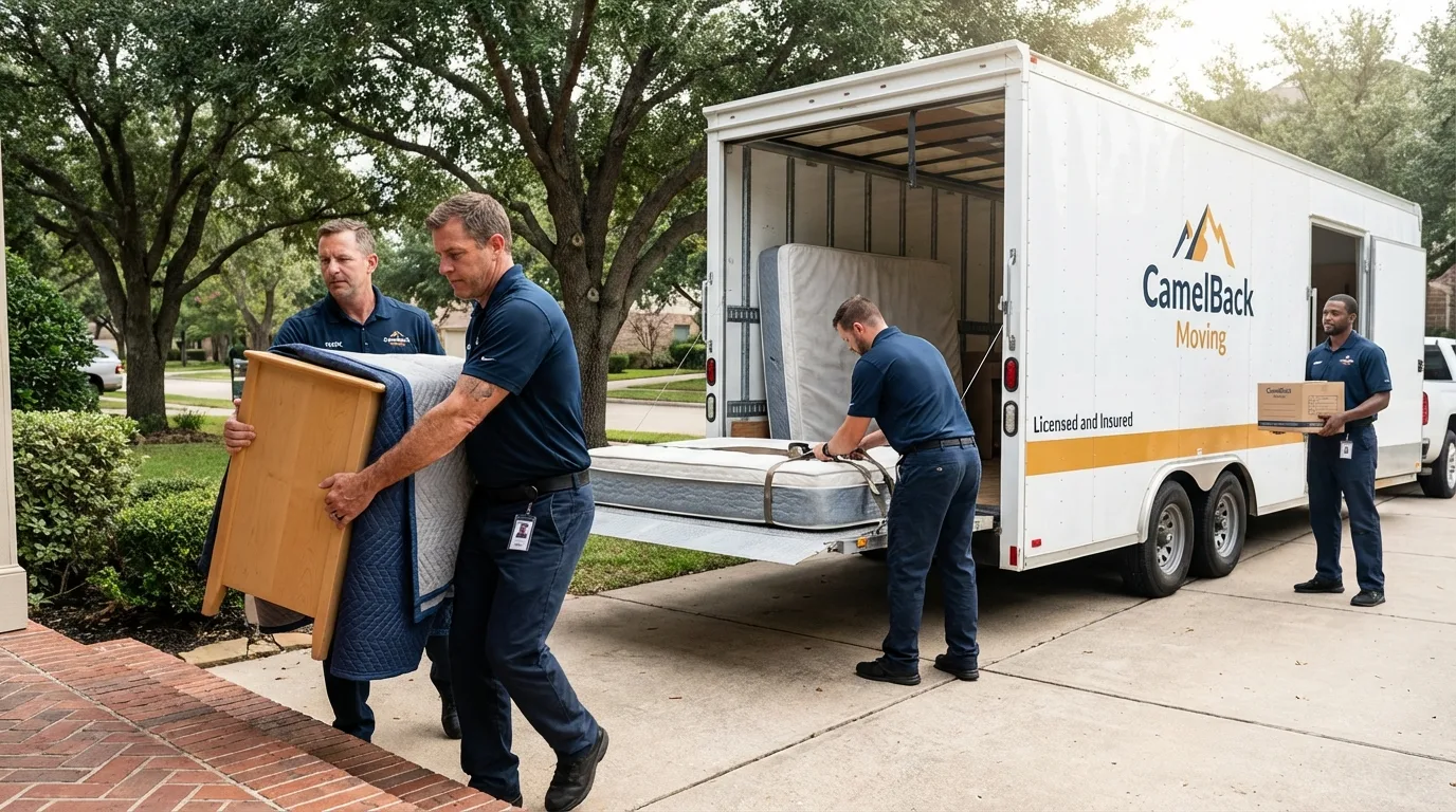 Crew loading residential truck for cross-state move from Novato, CA