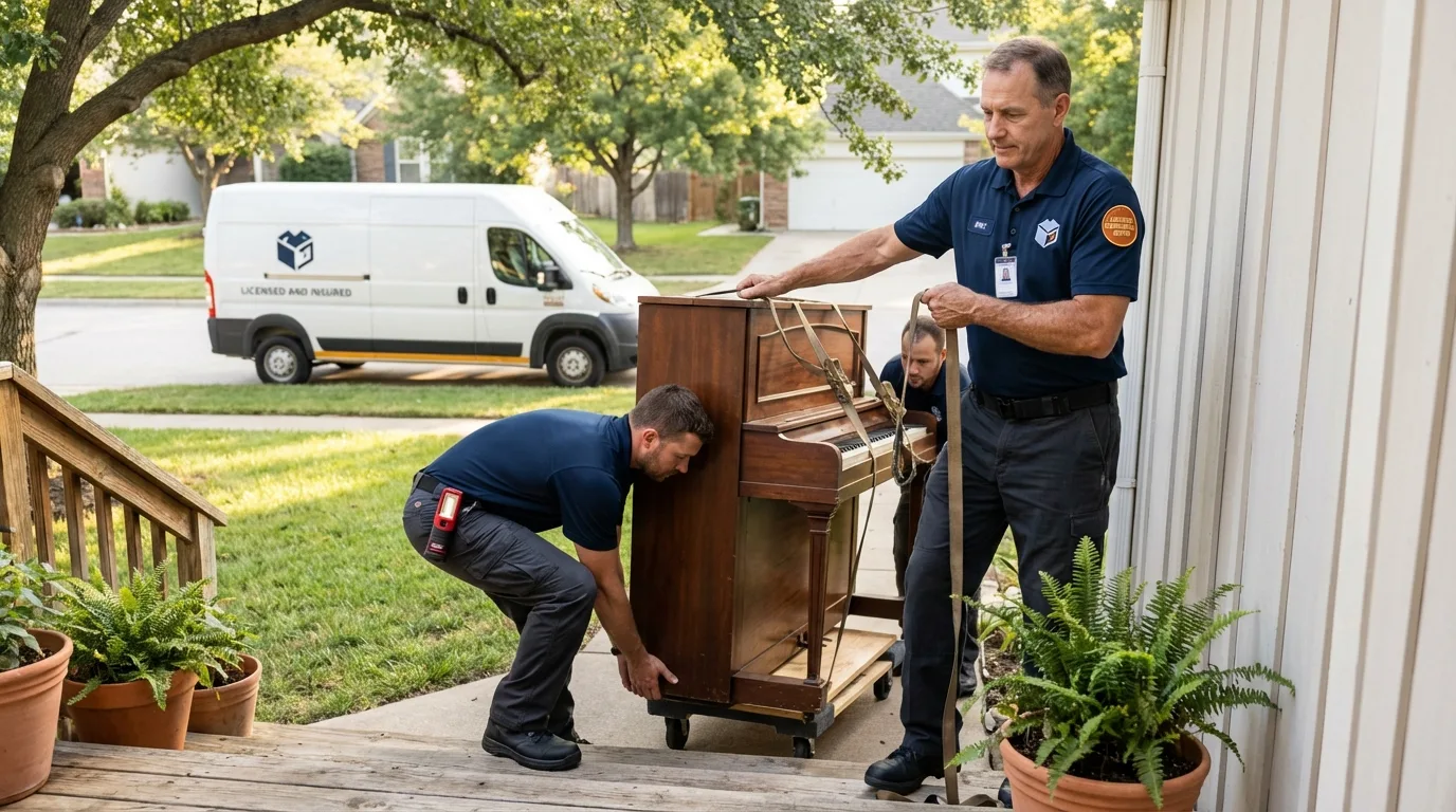 Licensed piano movers securing grand piano in Novato, CA