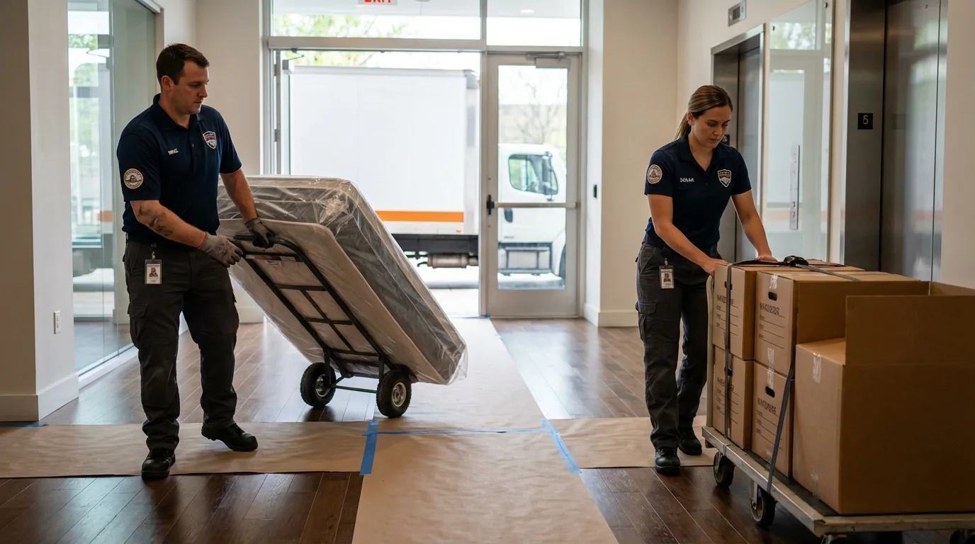 Professional apartment movers loading elevator in Novato, CA